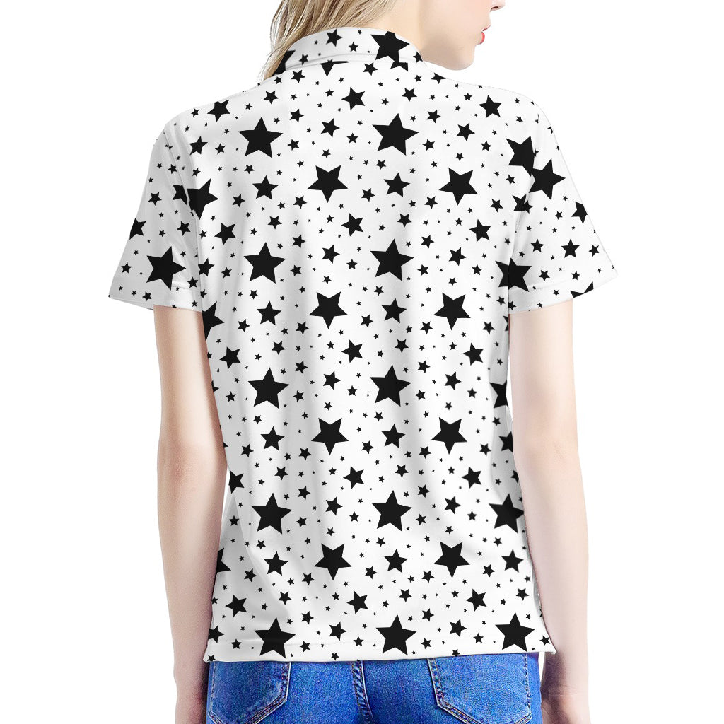 White And Black Star Pattern Print Women's Polo Shirt