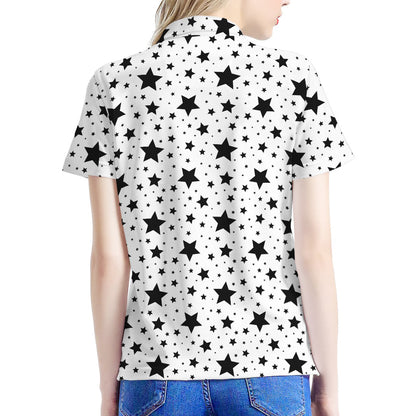White And Black Star Pattern Print Women's Polo Shirt