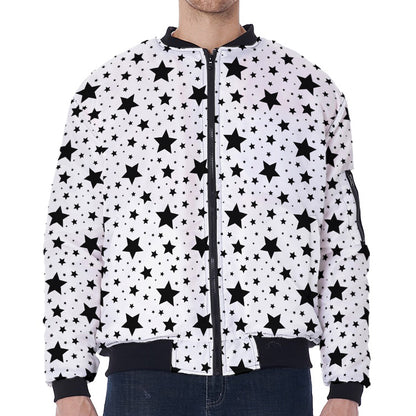 White And Black Star Pattern Print Zip Sleeve Bomber Jacket
