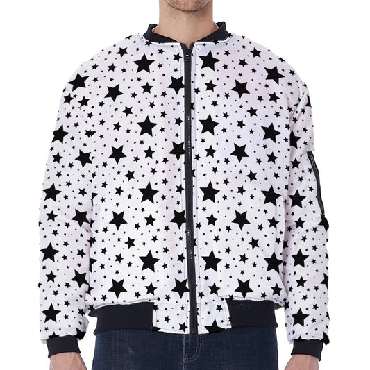 White And Black Star Pattern Print Zip Sleeve Bomber Jacket