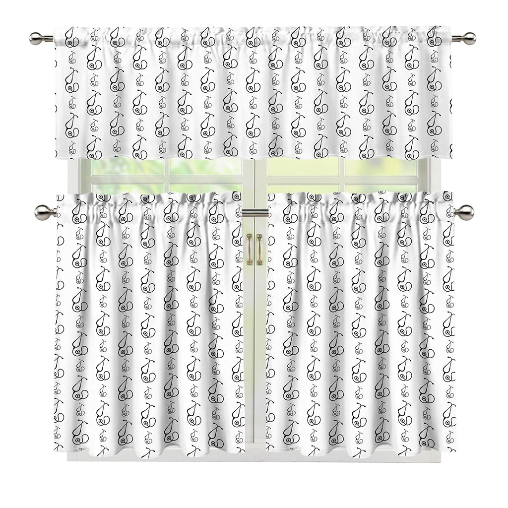 White And Black Stethoscope Print 3 Piece Kitchen Curtains