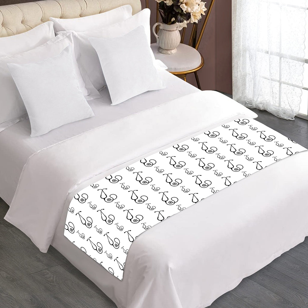 White And Black Stethoscope Print Bed Runner