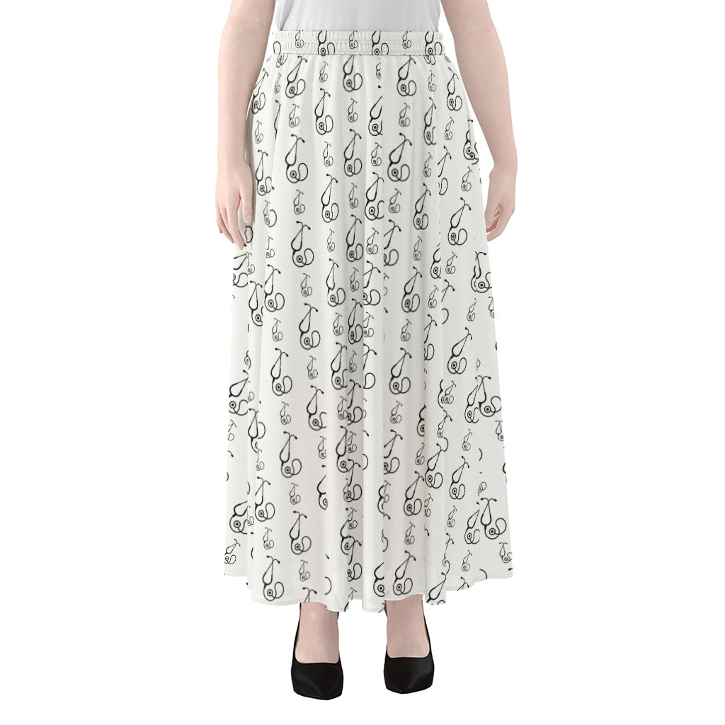 White And Black Stethoscope Print Chiffon Maxi Skirt