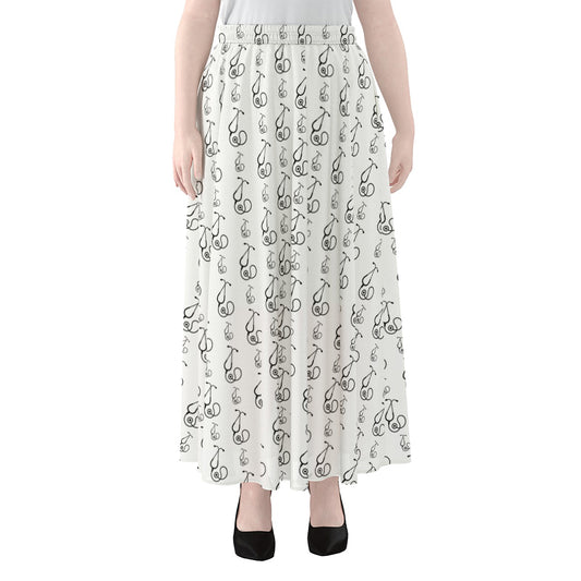 White And Black Stethoscope Print Chiffon Maxi Skirt