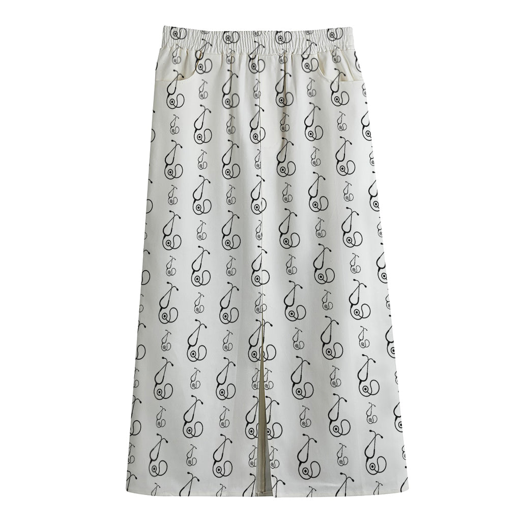 White And Black Stethoscope Print Cotton Front Slit Maxi Skirt