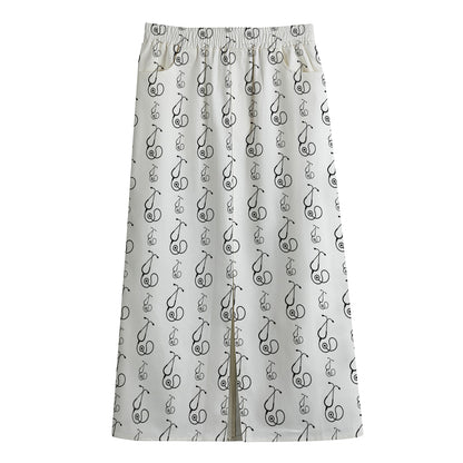 White And Black Stethoscope Print Cotton Front Slit Maxi Skirt