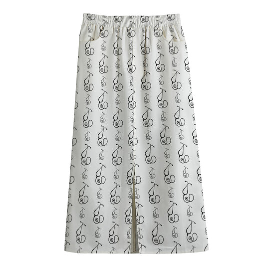 White And Black Stethoscope Print Cotton Front Slit Maxi Skirt