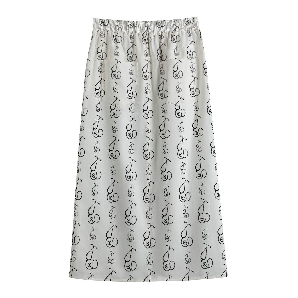 White And Black Stethoscope Print Cotton Front Slit Maxi Skirt