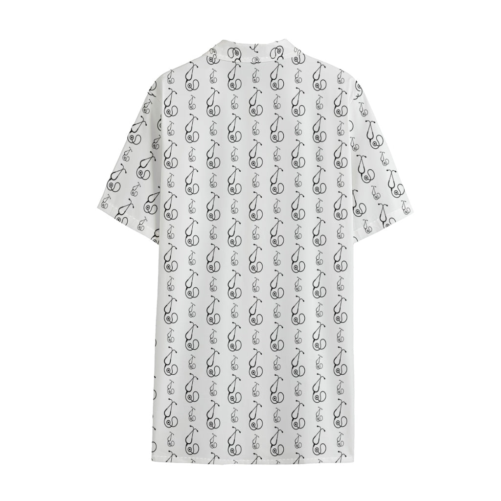 White And Black Stethoscope Print Cotton Hawaiian Shirt