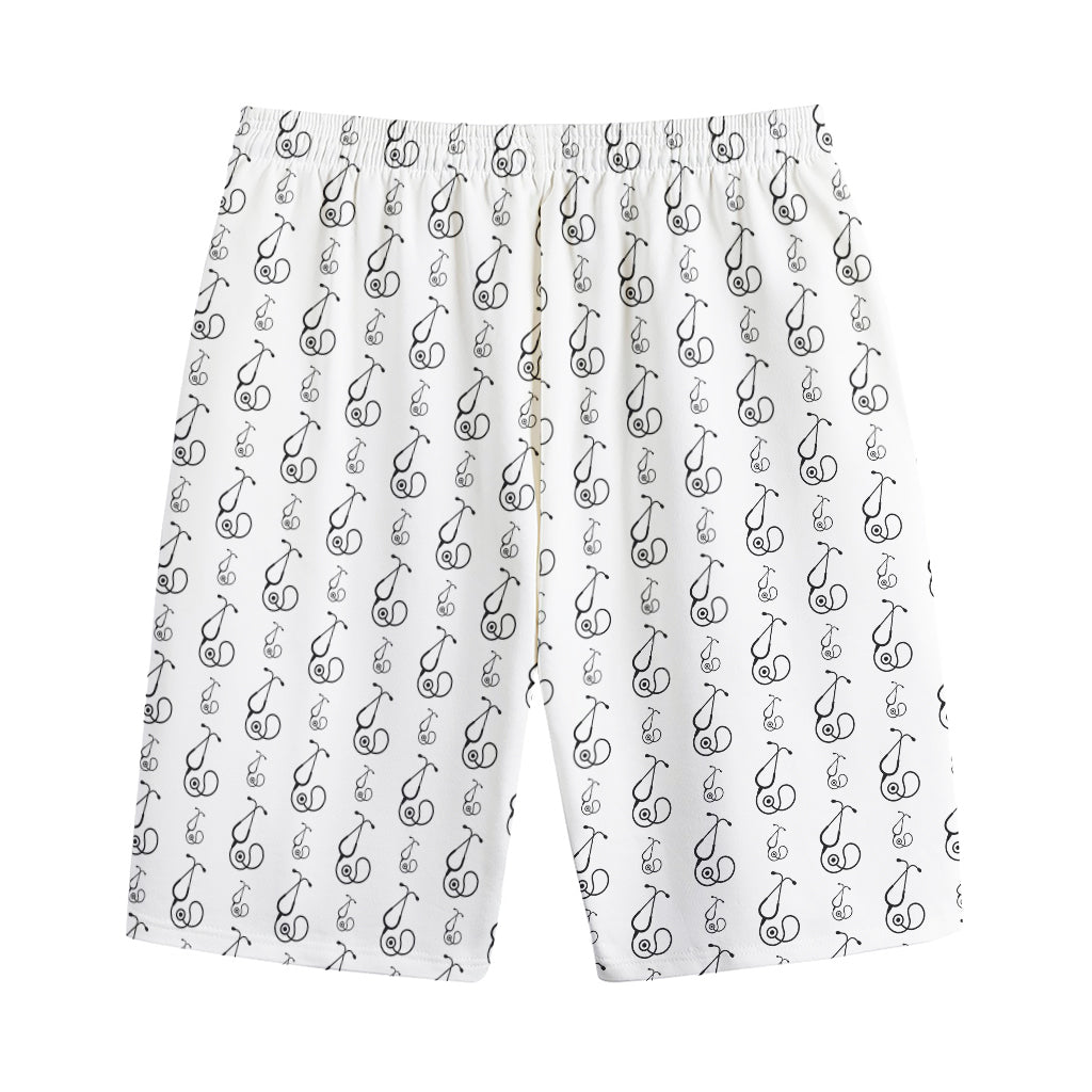 White And Black Stethoscope Print Cotton Shorts