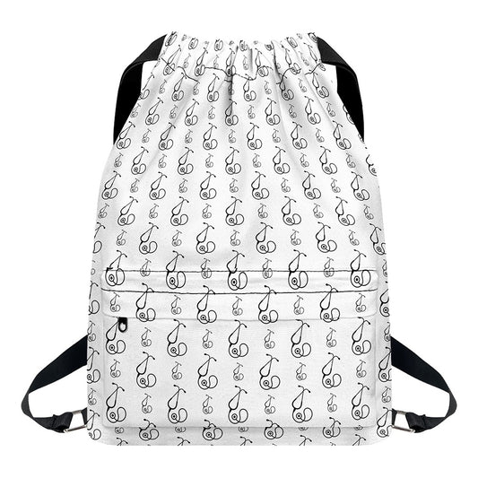 White And Black Stethoscope Print Drawstring Backpack
