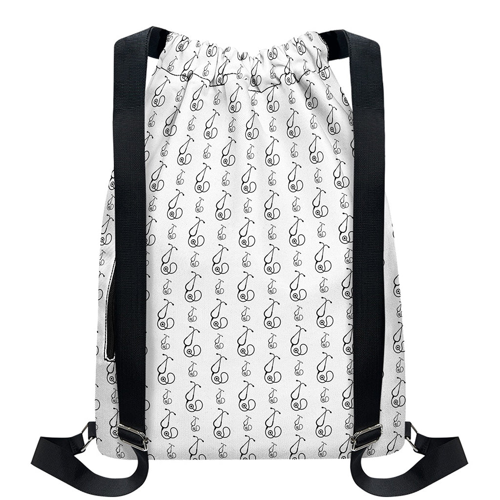 White And Black Stethoscope Print Drawstring Backpack