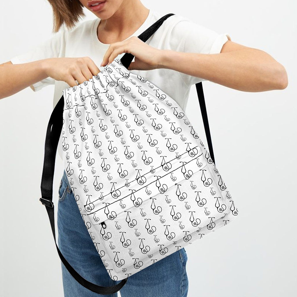 White And Black Stethoscope Print Drawstring Backpack