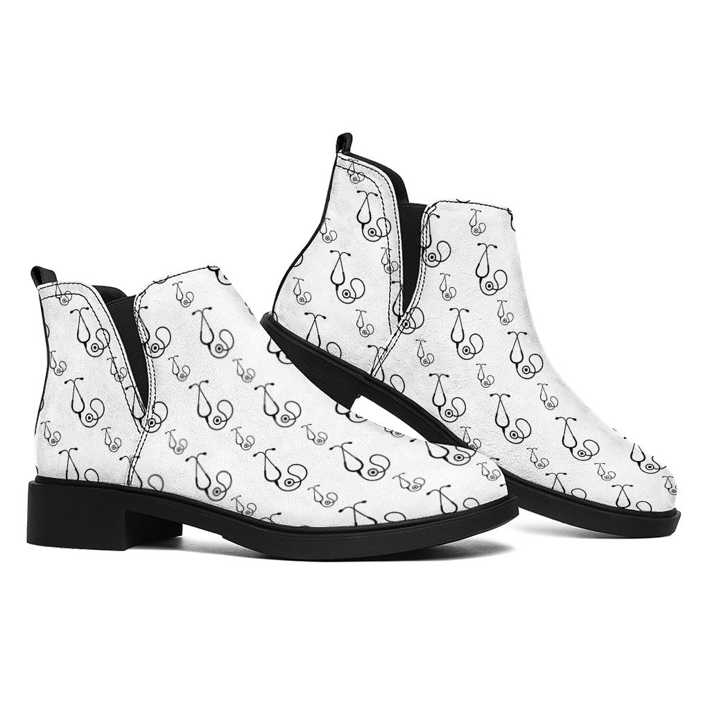 White And Black Stethoscope Print Flat Ankle Boots