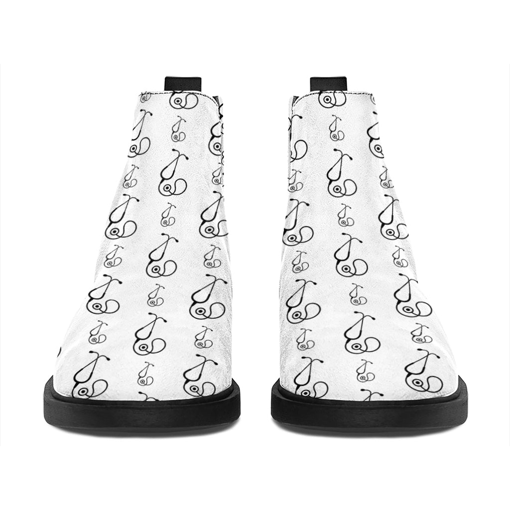 White And Black Stethoscope Print Flat Ankle Boots