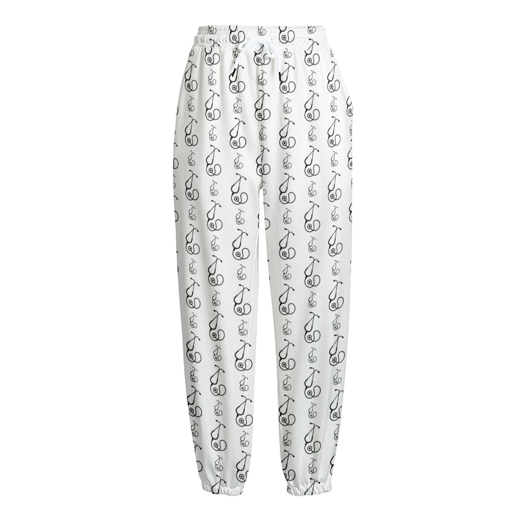 White And Black Stethoscope Print Fleece Lined Knit Pants