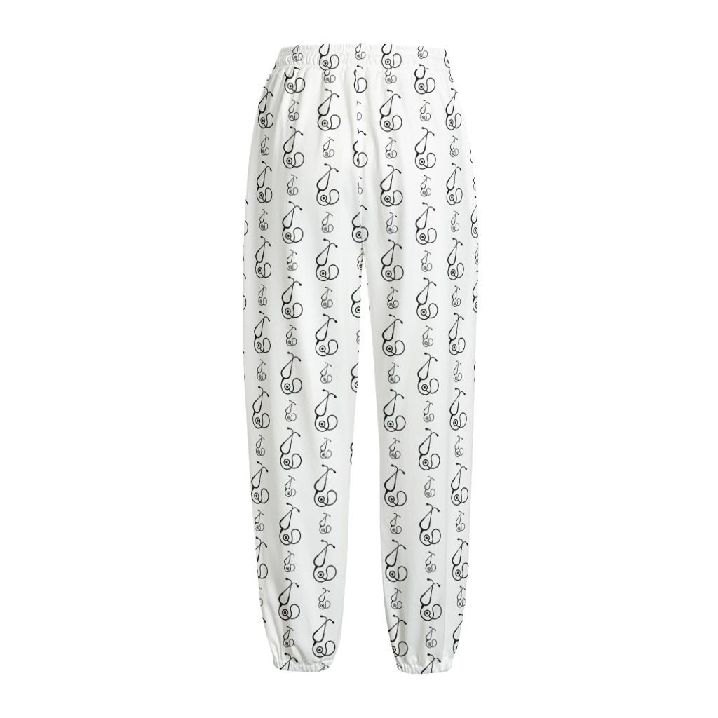 White And Black Stethoscope Print Fleece Lined Knit Pants