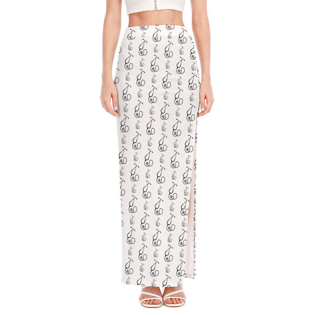 White And Black Stethoscope Print High Slit Maxi Skirt