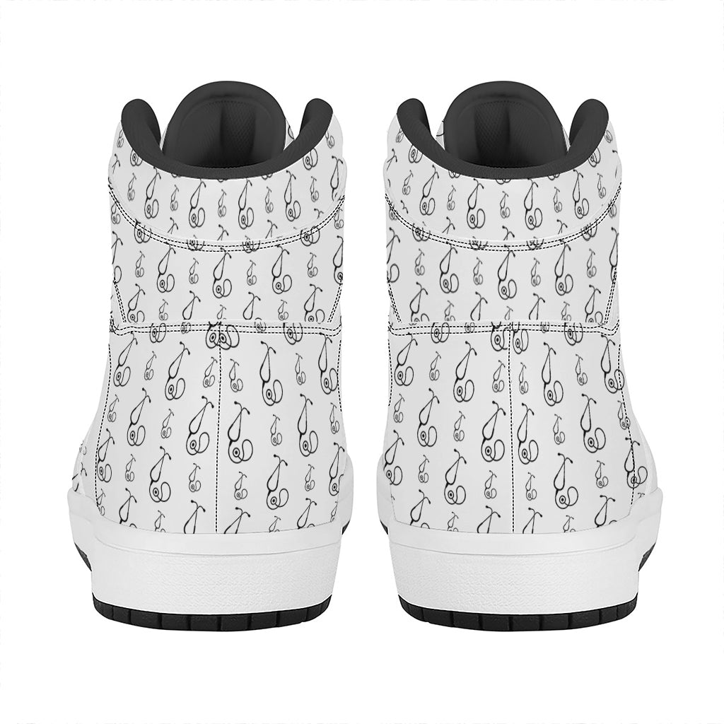 White And Black Stethoscope Print High Top Leather Sneakers
