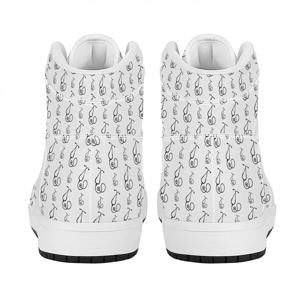 White And Black Stethoscope Print High Top Leather Sneakers