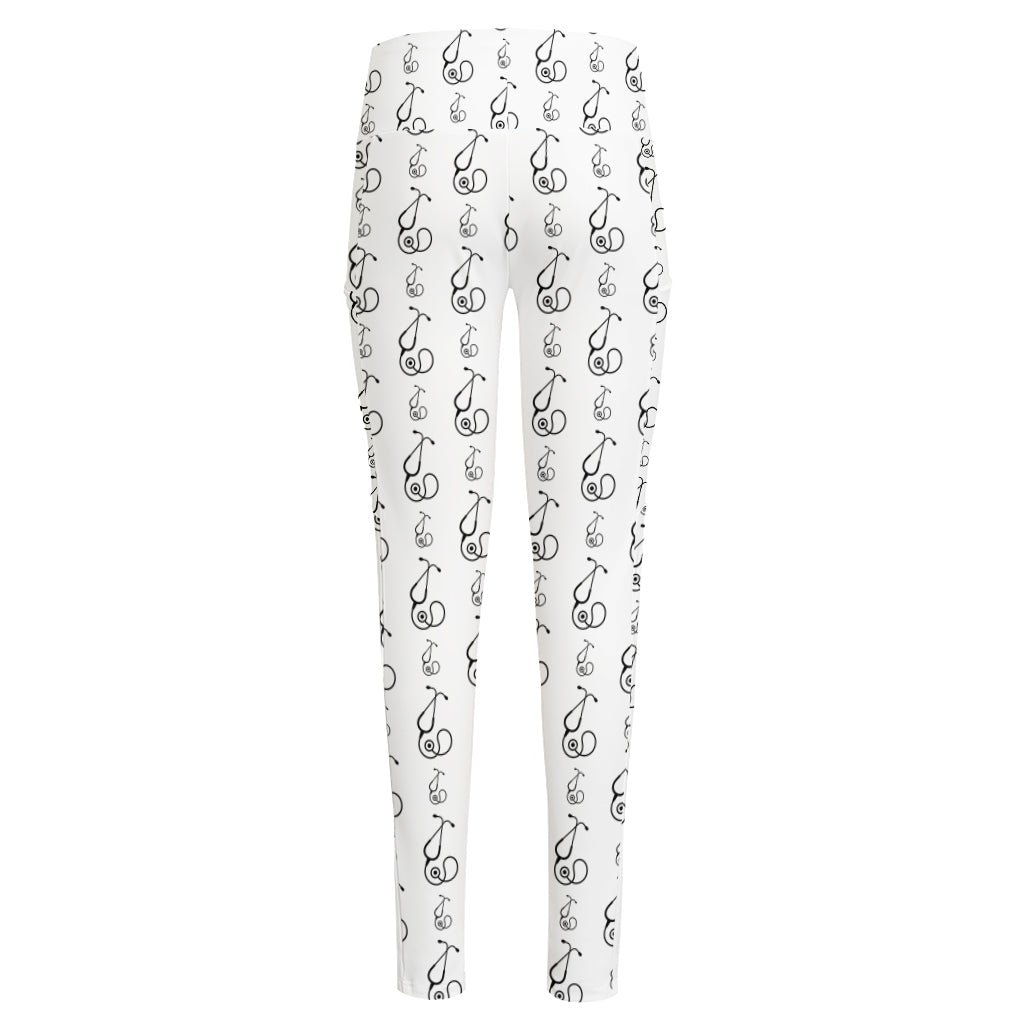 White And Black Stethoscope Print High-Waisted Pocket Leggings