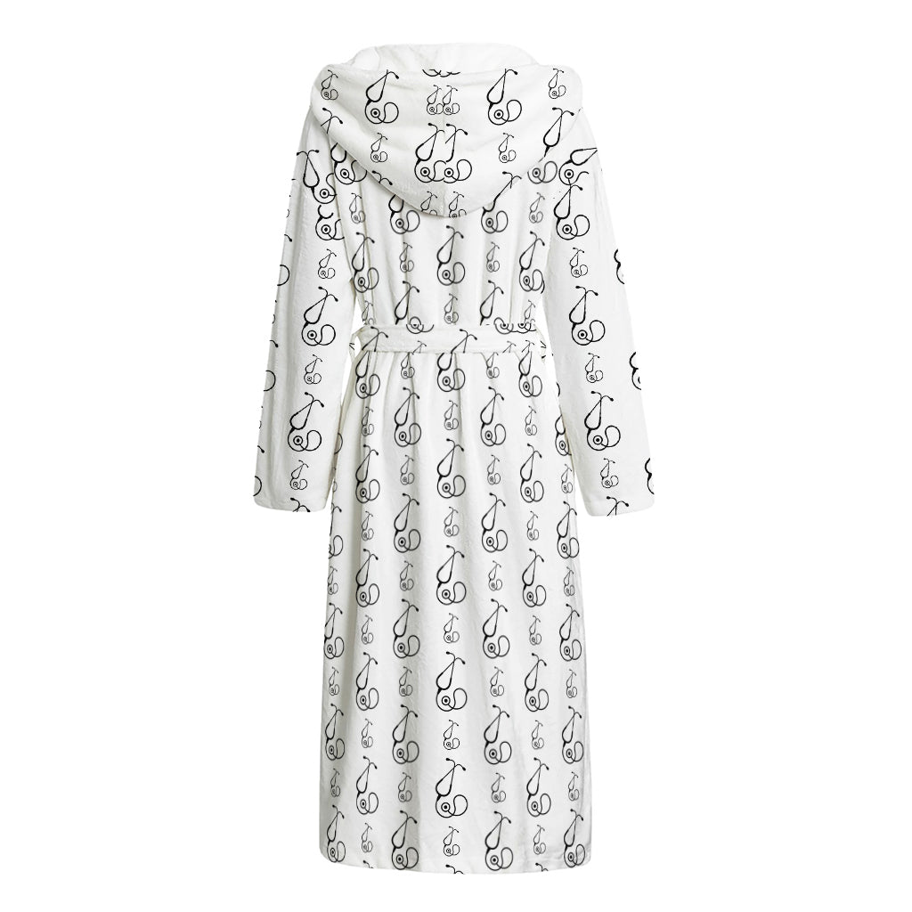 White And Black Stethoscope Print Hooded Bathrobe