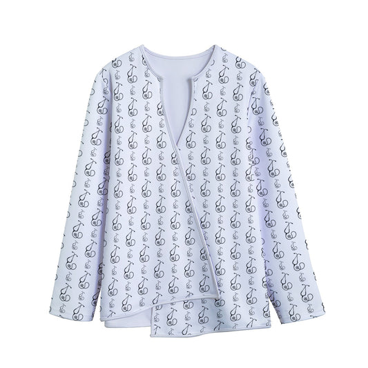 White And Black Stethoscope Print Long Sleeve Short Coat