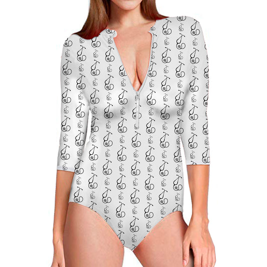 White And Black Stethoscope Print Long Sleeve Swimsuit