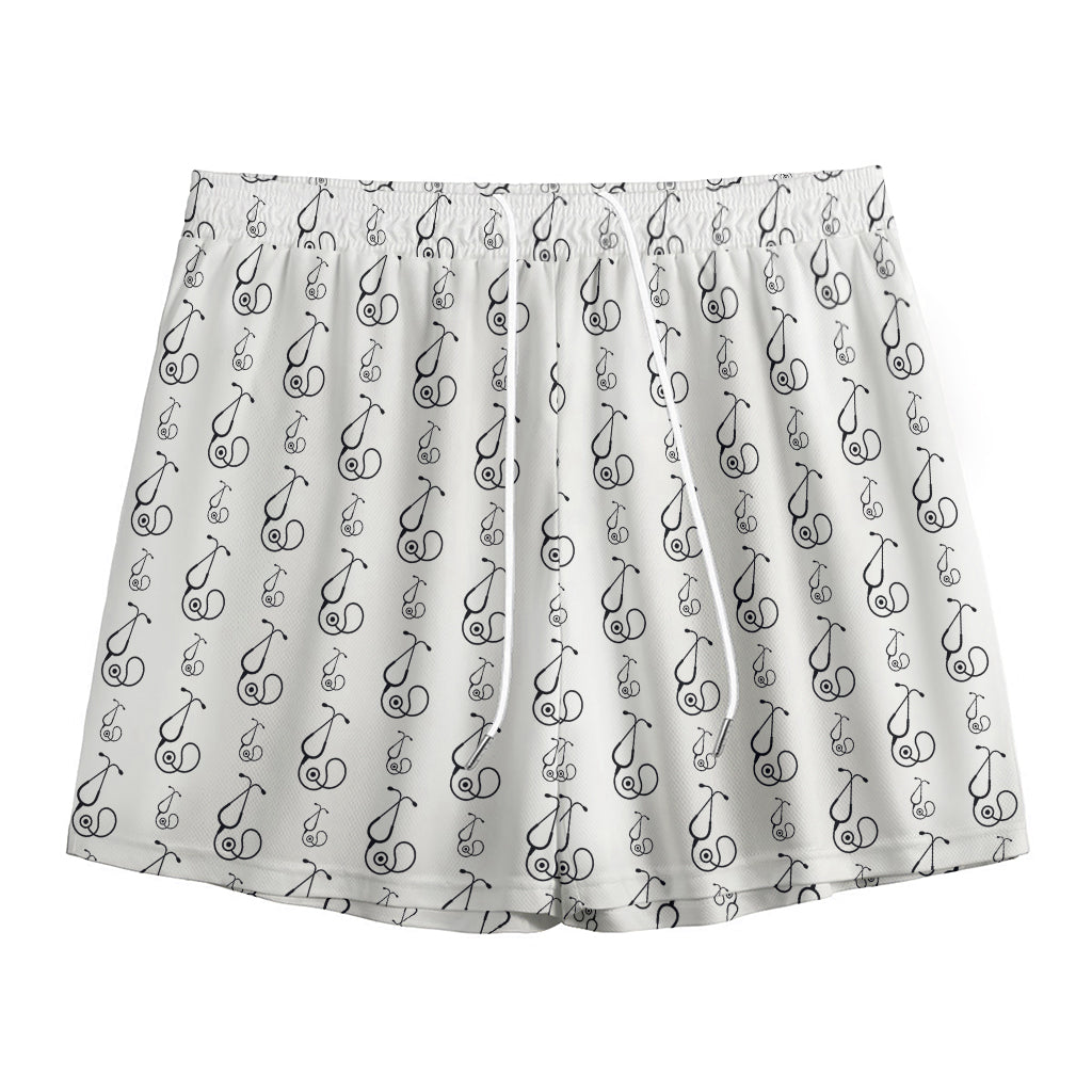 White And Black Stethoscope Print Mesh Shorts