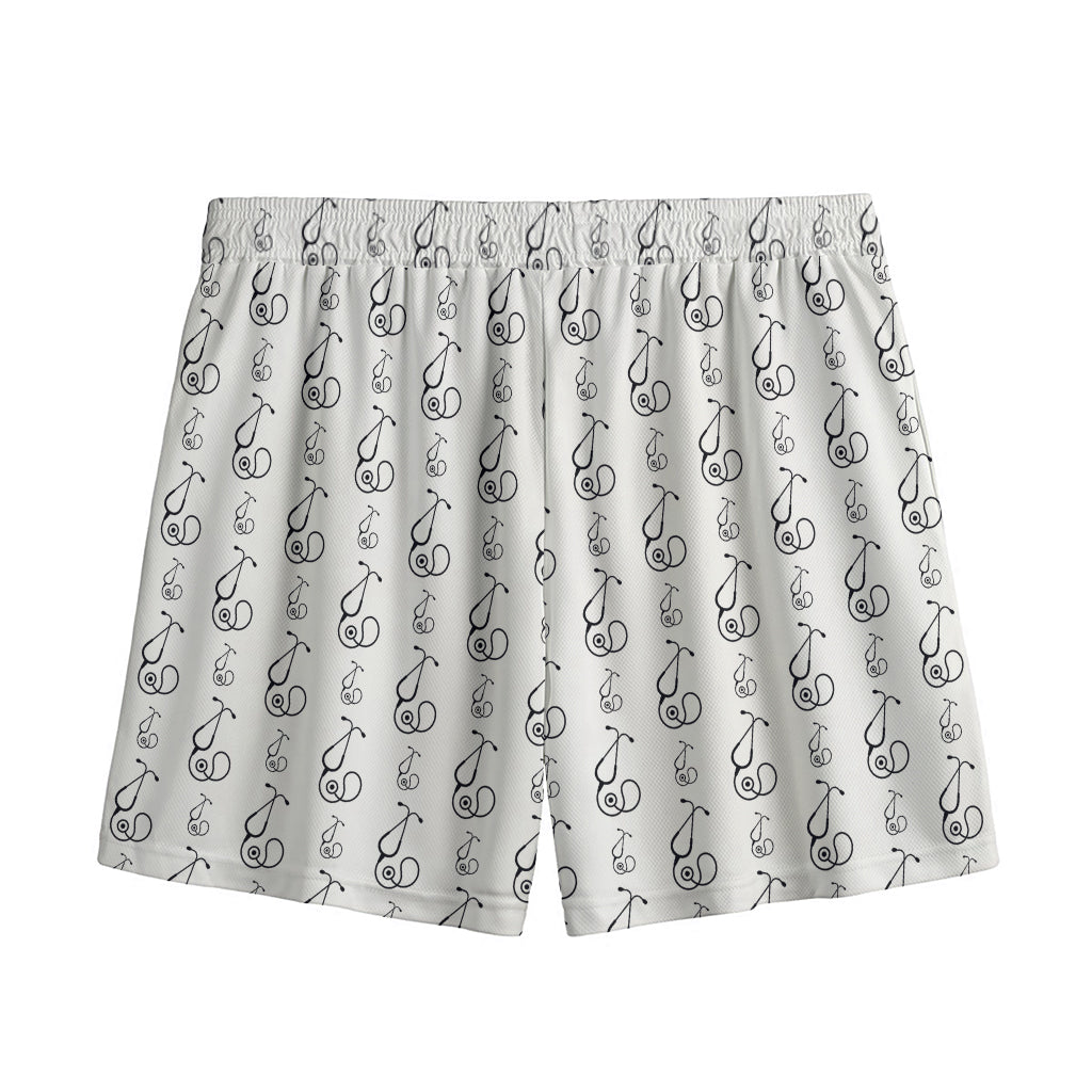 White And Black Stethoscope Print Mesh Shorts