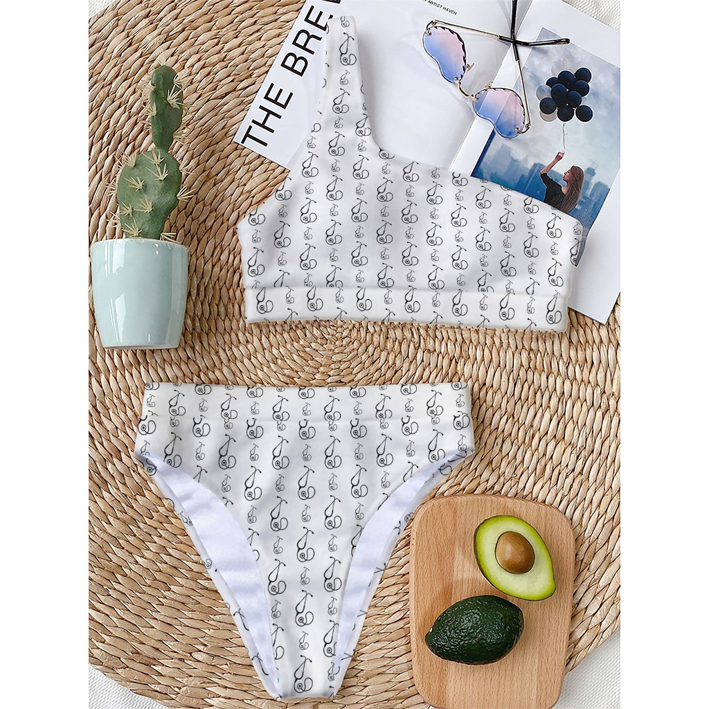 White And Black Stethoscope Print One Shoulder Bikini Top