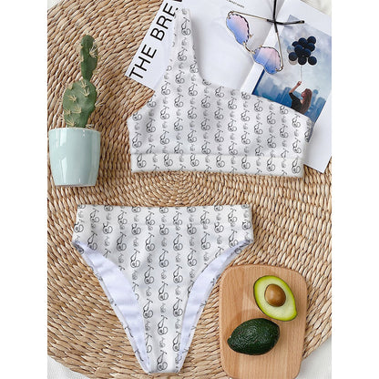 White And Black Stethoscope Print One Shoulder Bikini Top