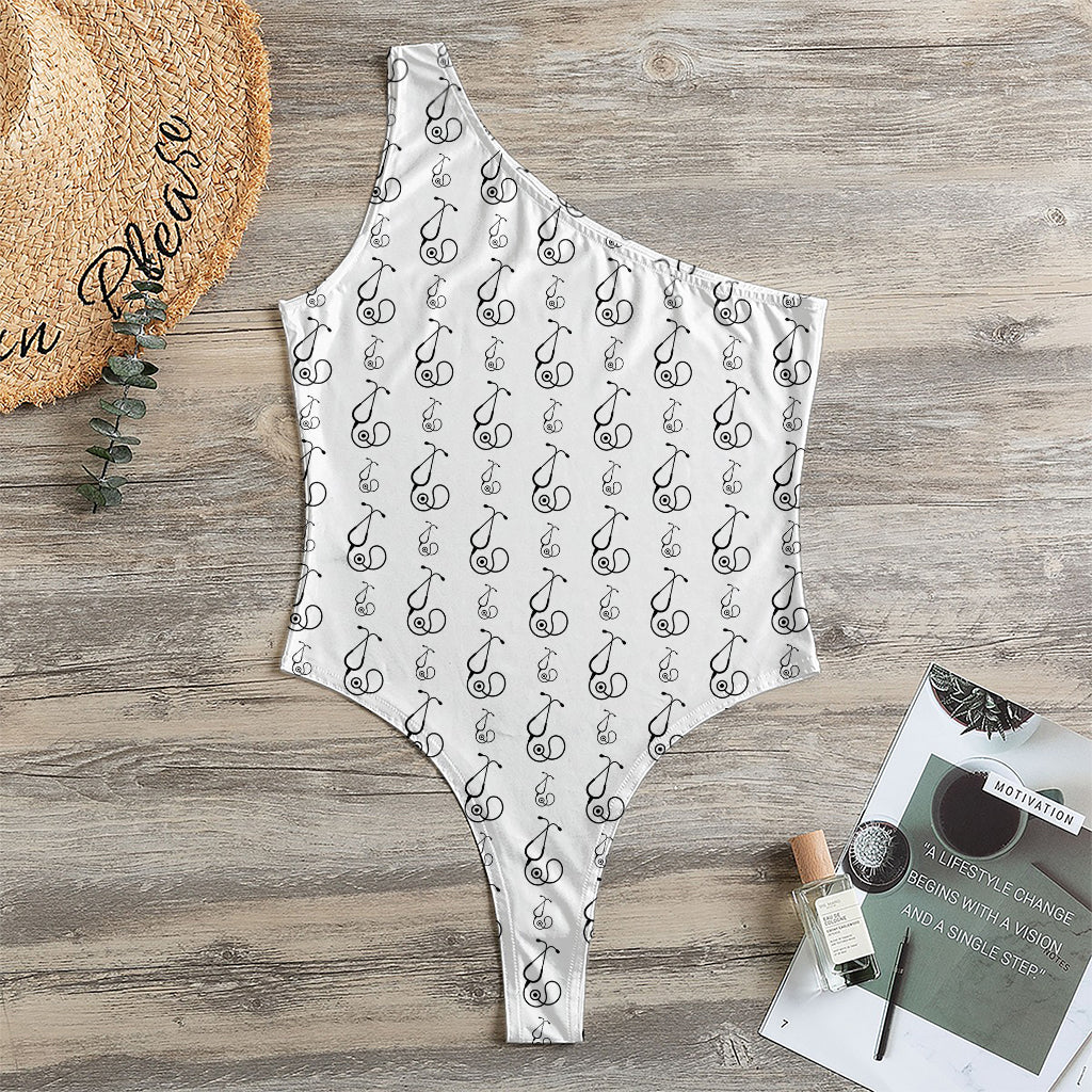 White And Black Stethoscope Print One Shoulder Bodysuit