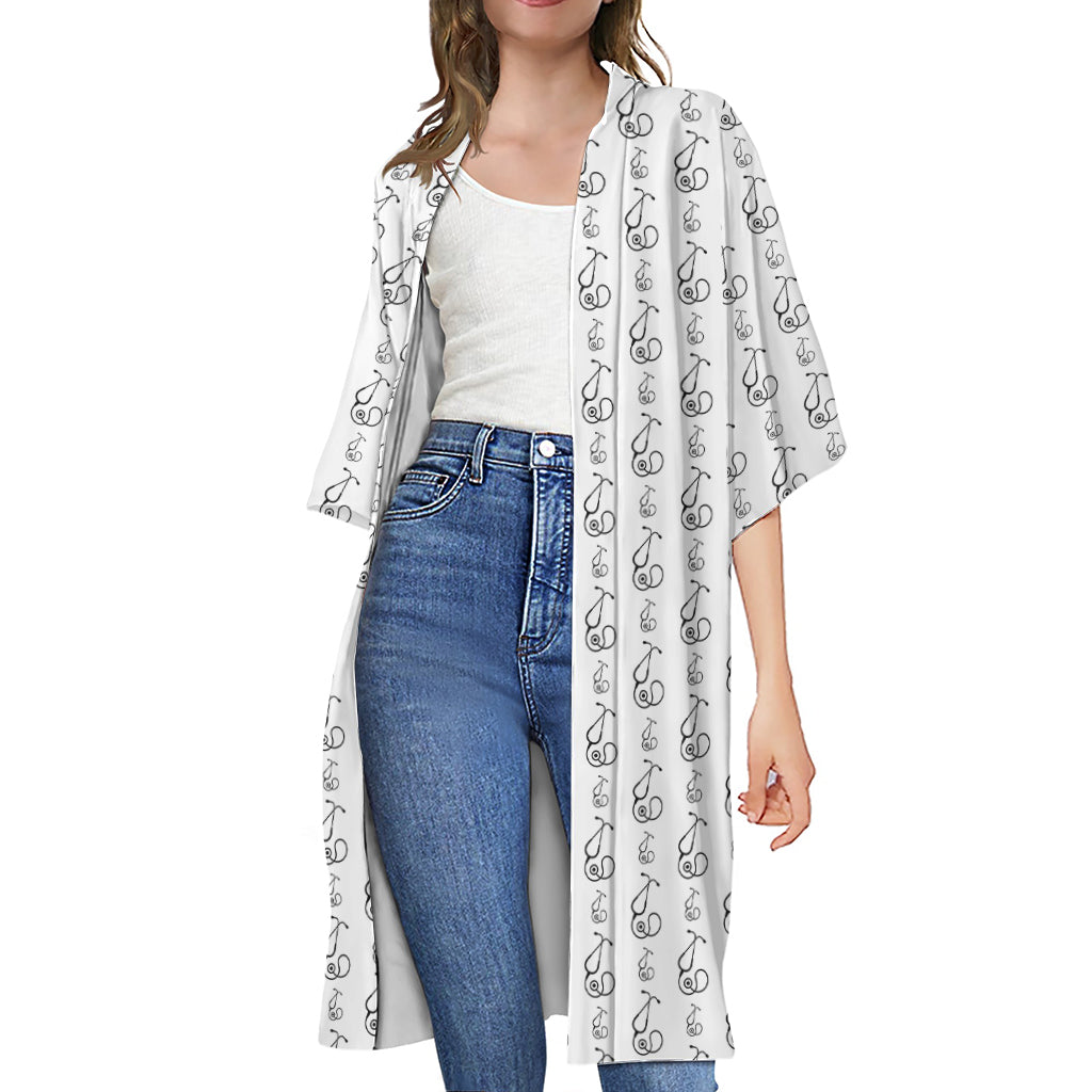 White And Black Stethoscope Print Open Front Beach Cover Up