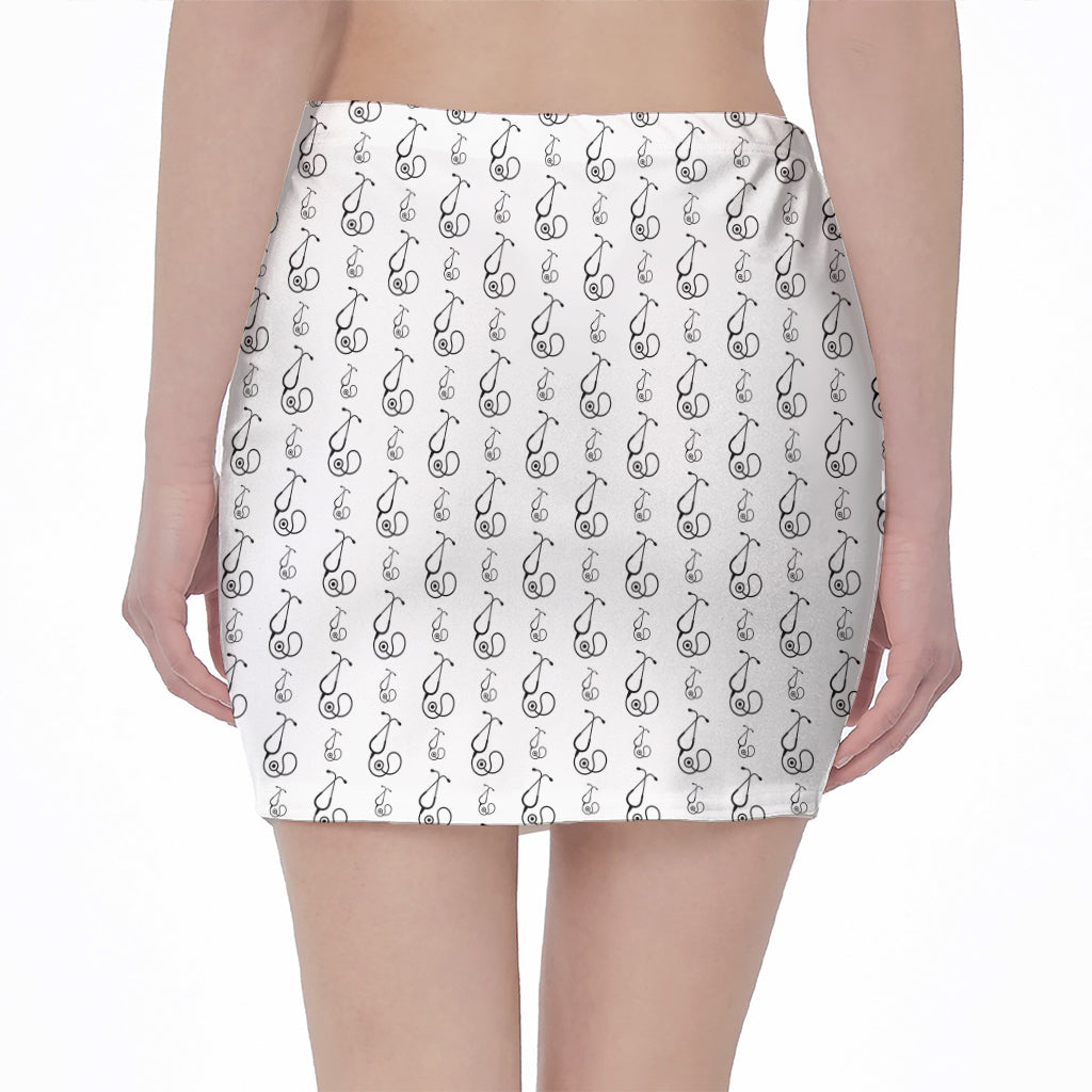 White And Black Stethoscope Print Pencil Mini Skirt