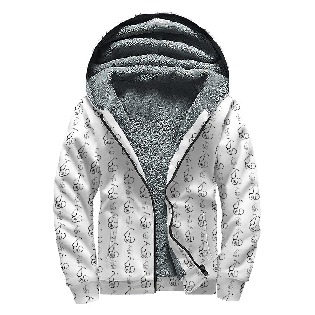 White And Black Stethoscope Print Sherpa Lined Zip Up Hoodie