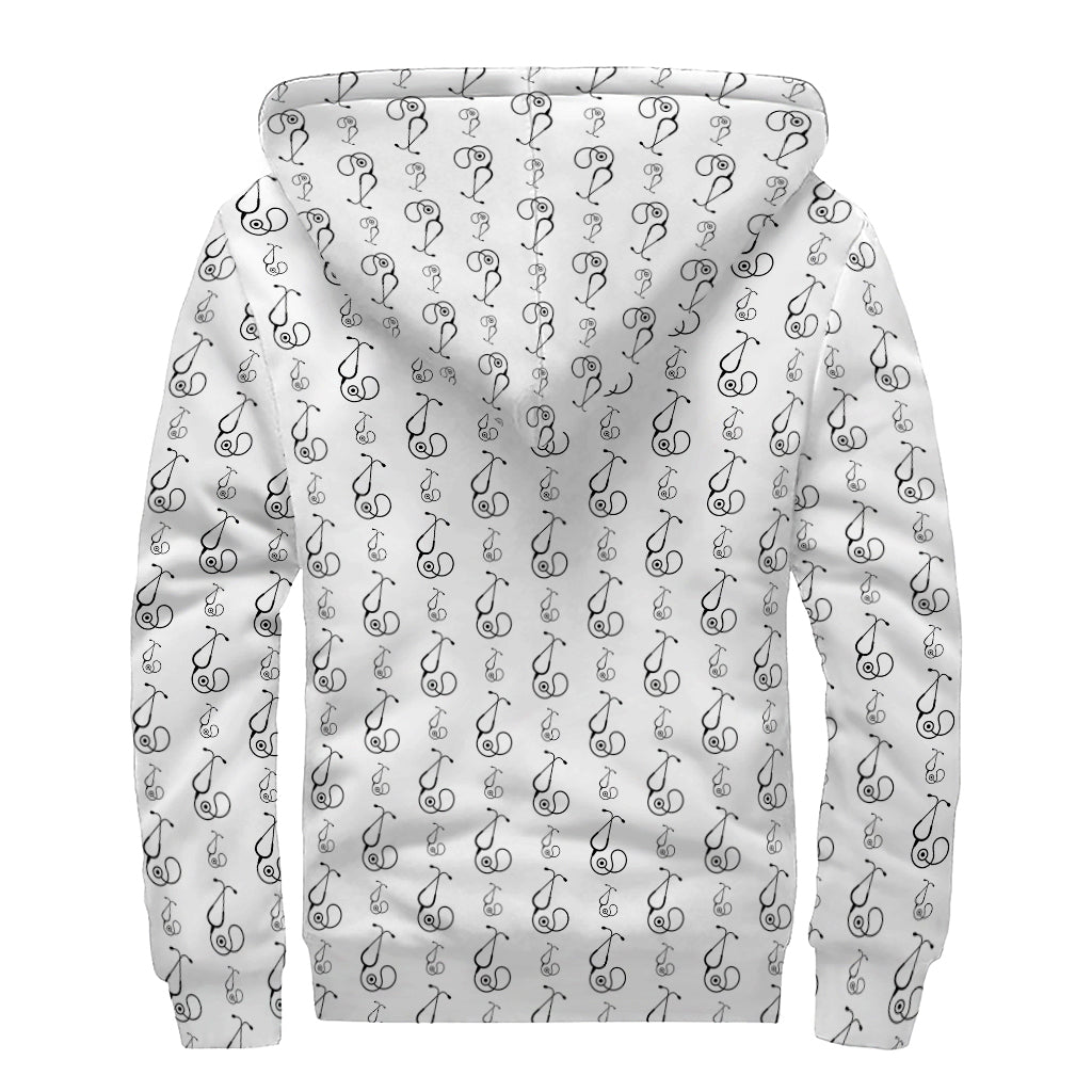 White And Black Stethoscope Print Sherpa Lined Zip Up Hoodie