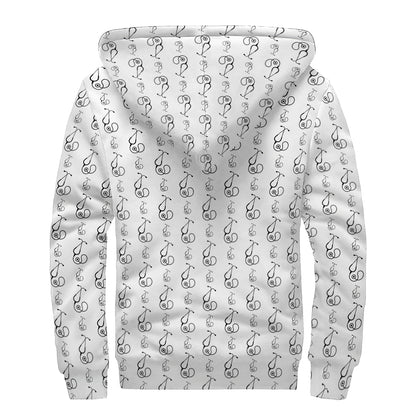 White And Black Stethoscope Print Sherpa Lined Zip Up Hoodie