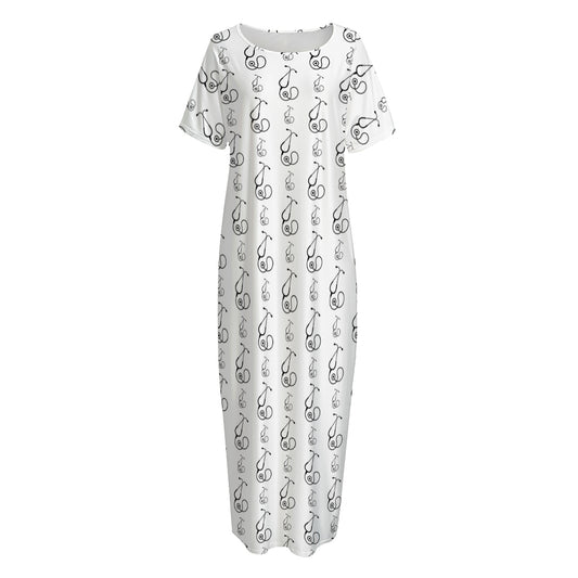 White And Black Stethoscope Print Short Sleeve Long Nightdress