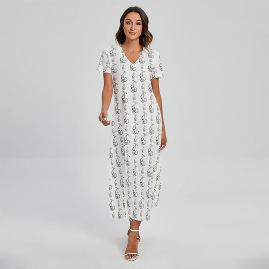 White And Black Stethoscope Print Short Sleeve Maxi Dress