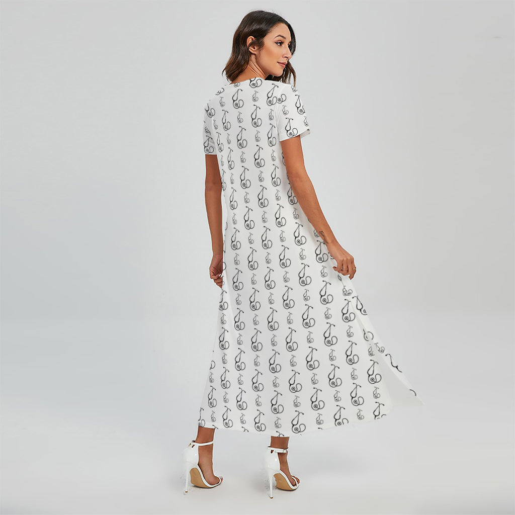 White And Black Stethoscope Print Short Sleeve Maxi Dress