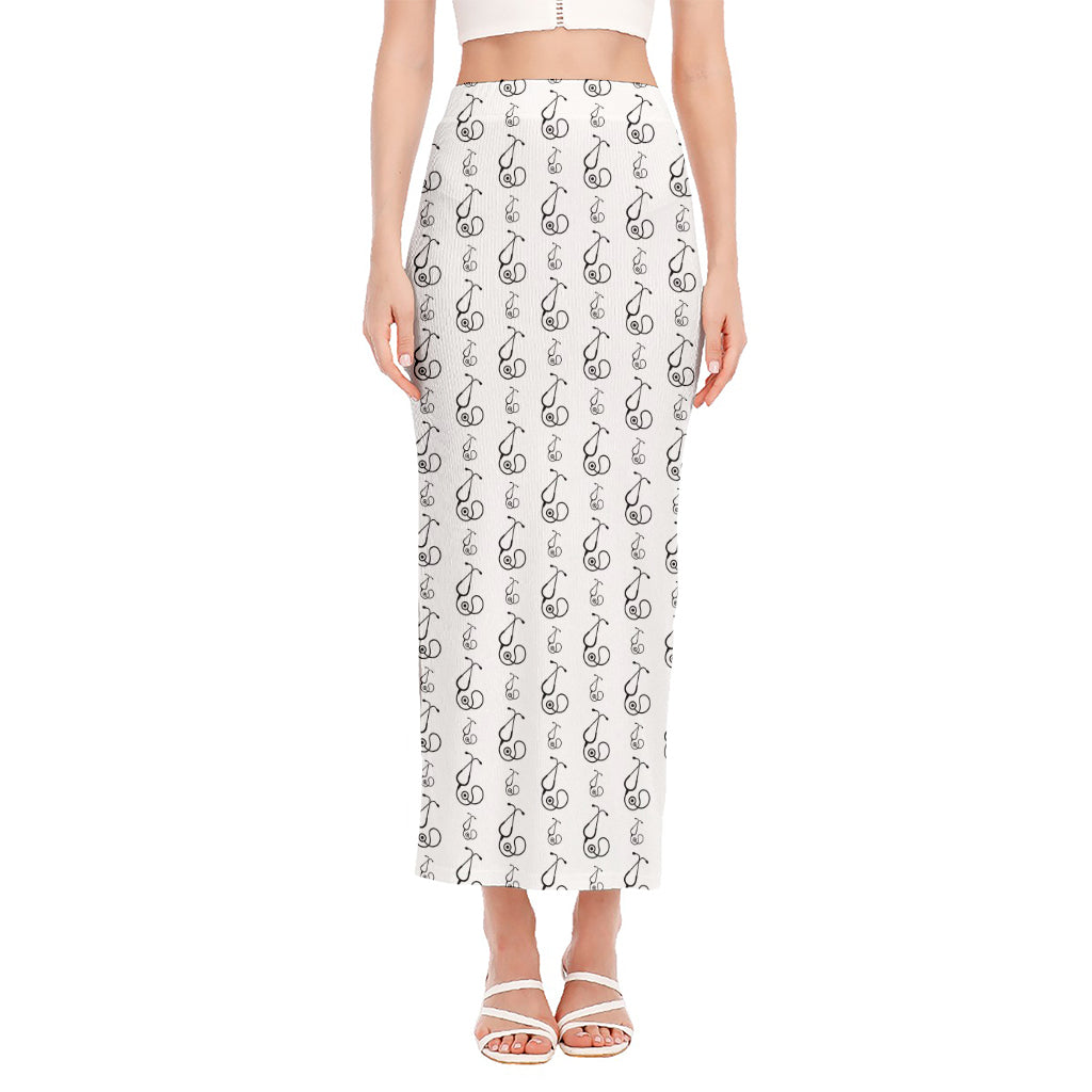 White And Black Stethoscope Print Side Slit Maxi Skirt