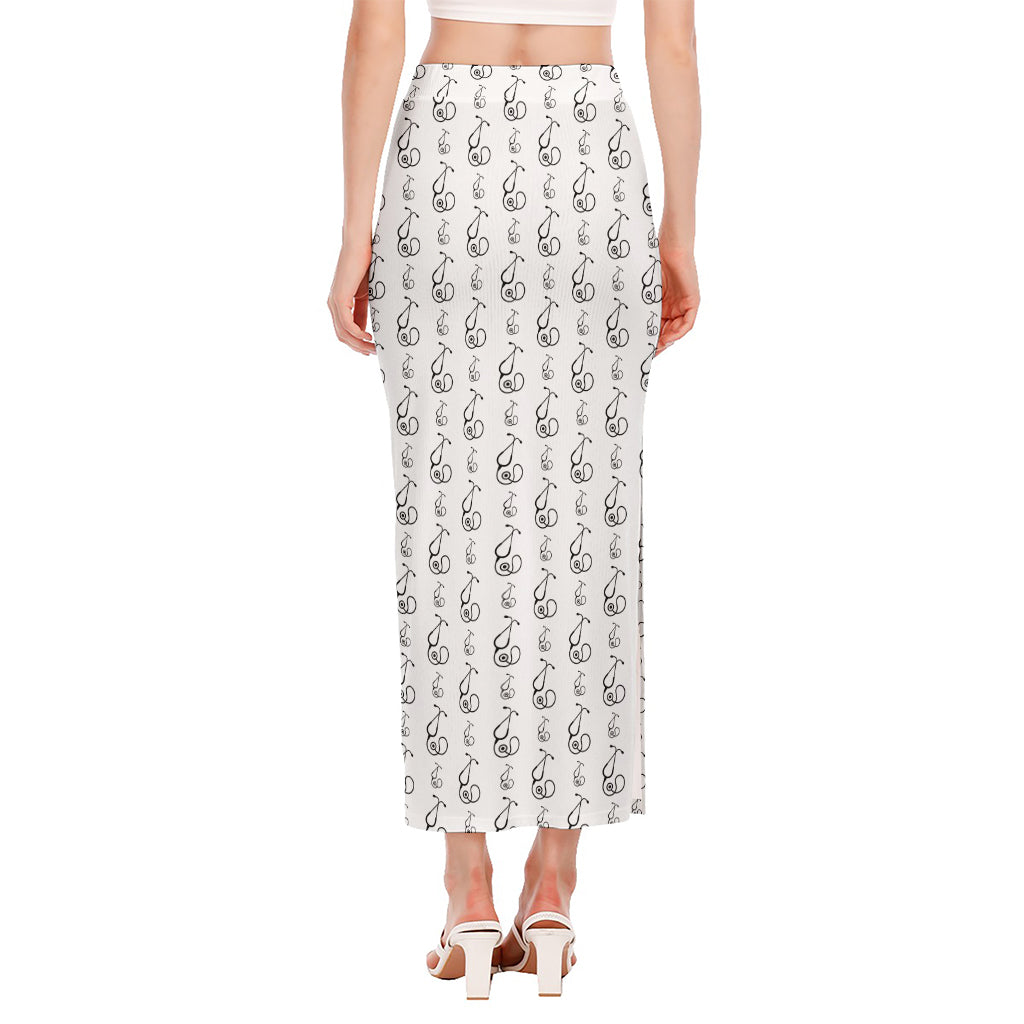 White And Black Stethoscope Print Side Slit Maxi Skirt