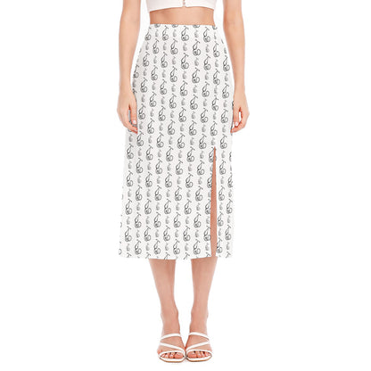White And Black Stethoscope Print Side Slit Midi Skirt