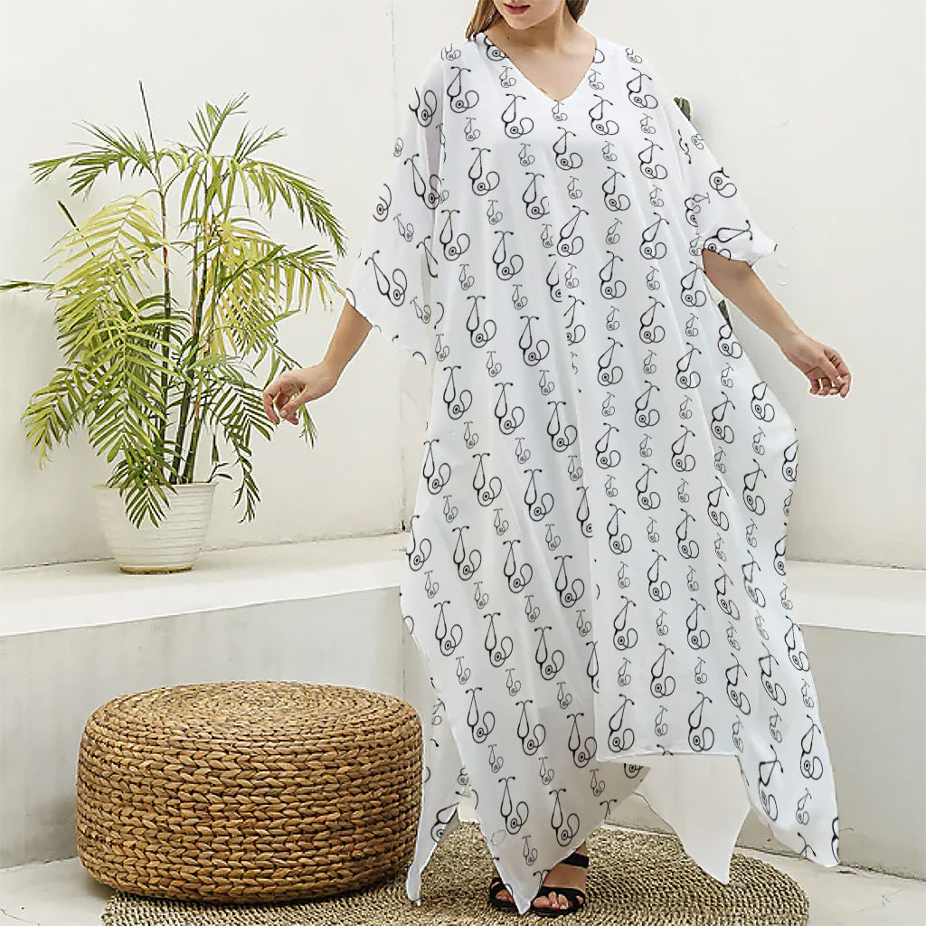 White And Black Stethoscope Print Silk V-Neck Kaftan Dress