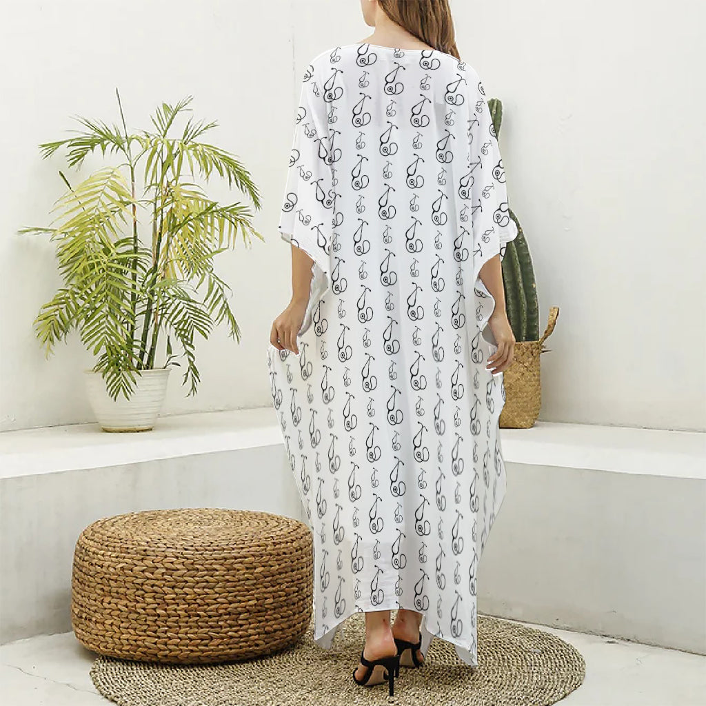 White And Black Stethoscope Print Silk V-Neck Kaftan Dress