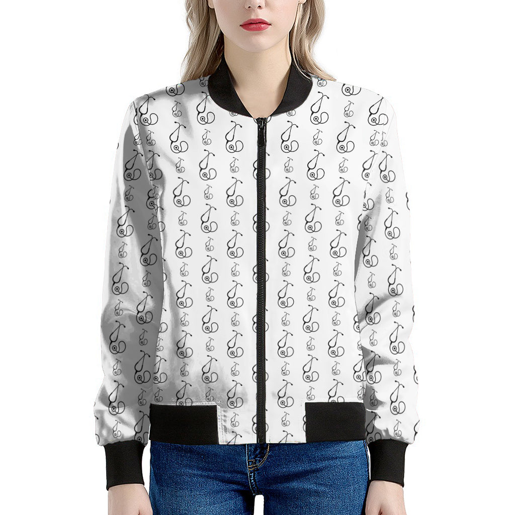 White And Black Stethoscope Print Women's Bomber Jacket