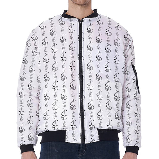 White And Black Stethoscope Print Zip Sleeve Bomber Jacket