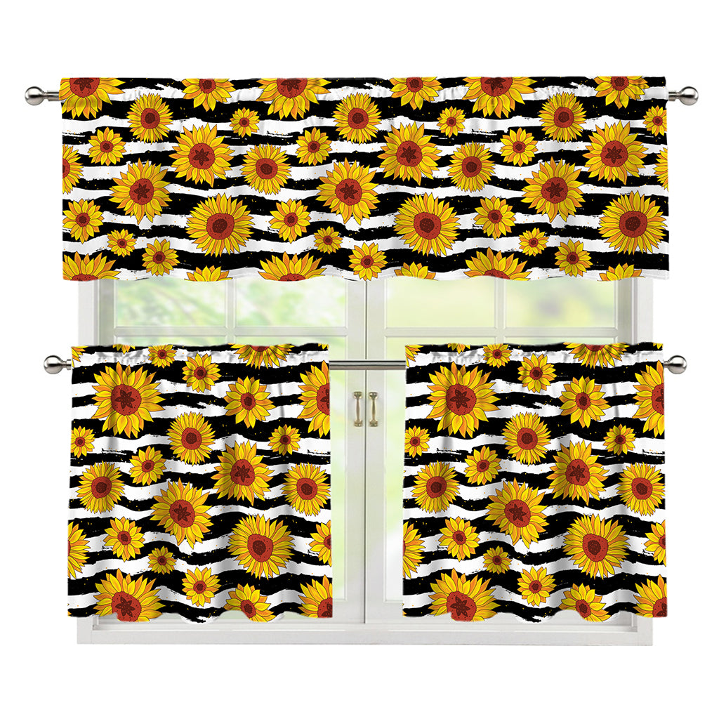 White And Black Stripe Sunflower Print 3 Piece Kitchen Curtains
