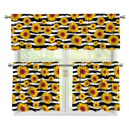 White And Black Stripe Sunflower Print 3 Piece Kitchen Curtains